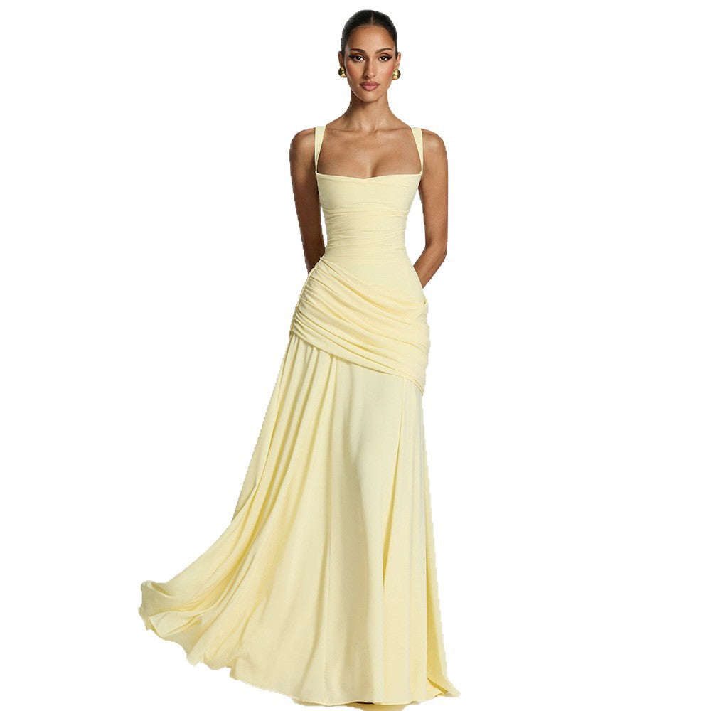 Women's Elegant Sleeveless Flared Maxi Dress | Square Neck High Waist A-Line Dress
