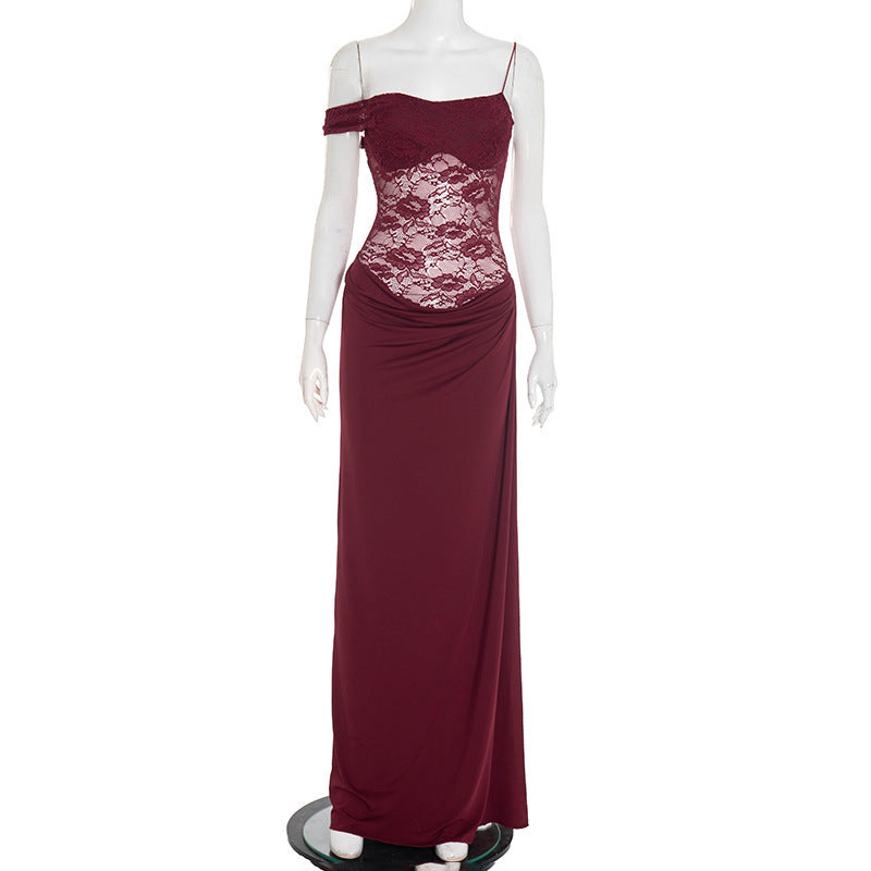 Women's Lace Trim Spaghetti Strap Maxi Dress | Slim Fit Sleeveless Bodycon Dress
