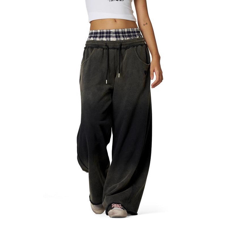 Women's Retro Plaid Embroidered Wide Leg Pants | High Waist Loose Fit Casual Trousers