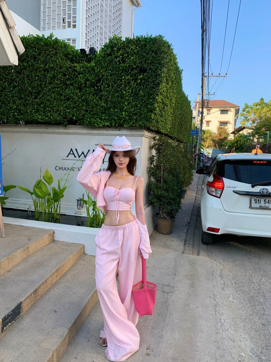 Women's Pink Striped Three-Piece Vacation Set | Halter Top, Button-Up Shirt & Wide Leg Pants