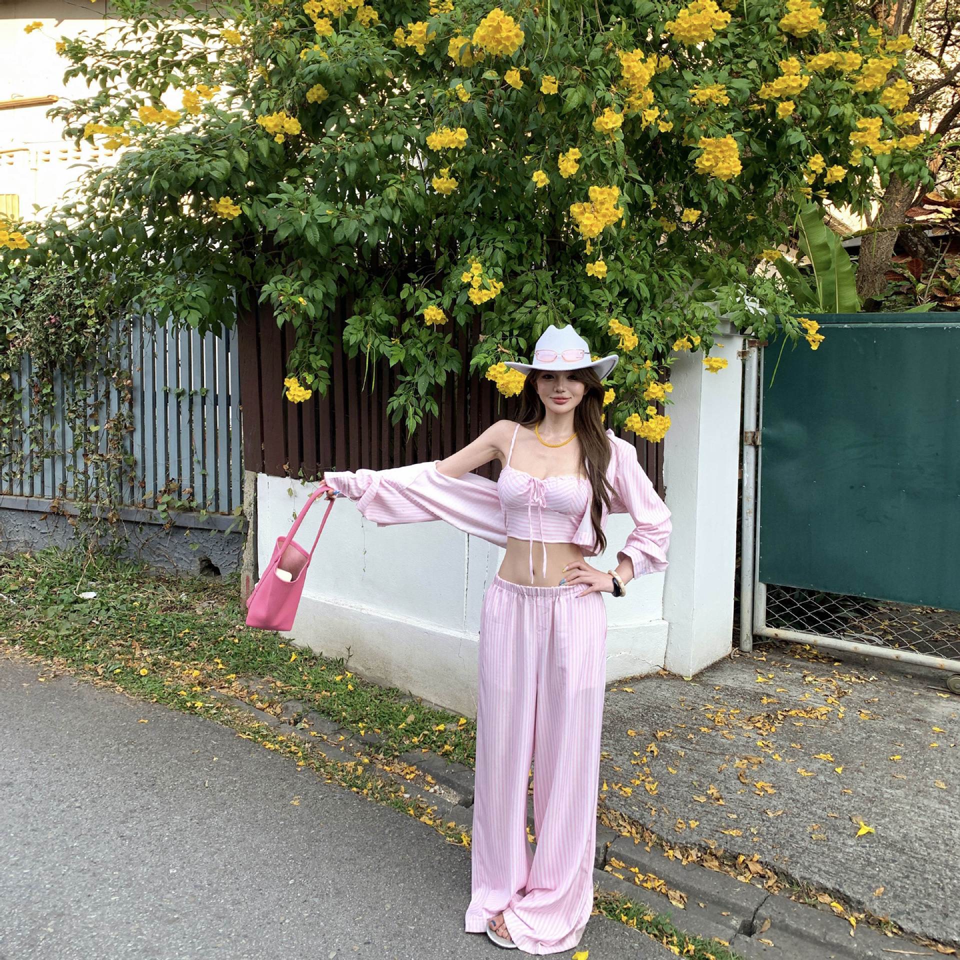 Women's Pink Striped Three-Piece Vacation Set | Halter Top, Button-Up Shirt & Wide Leg Pants