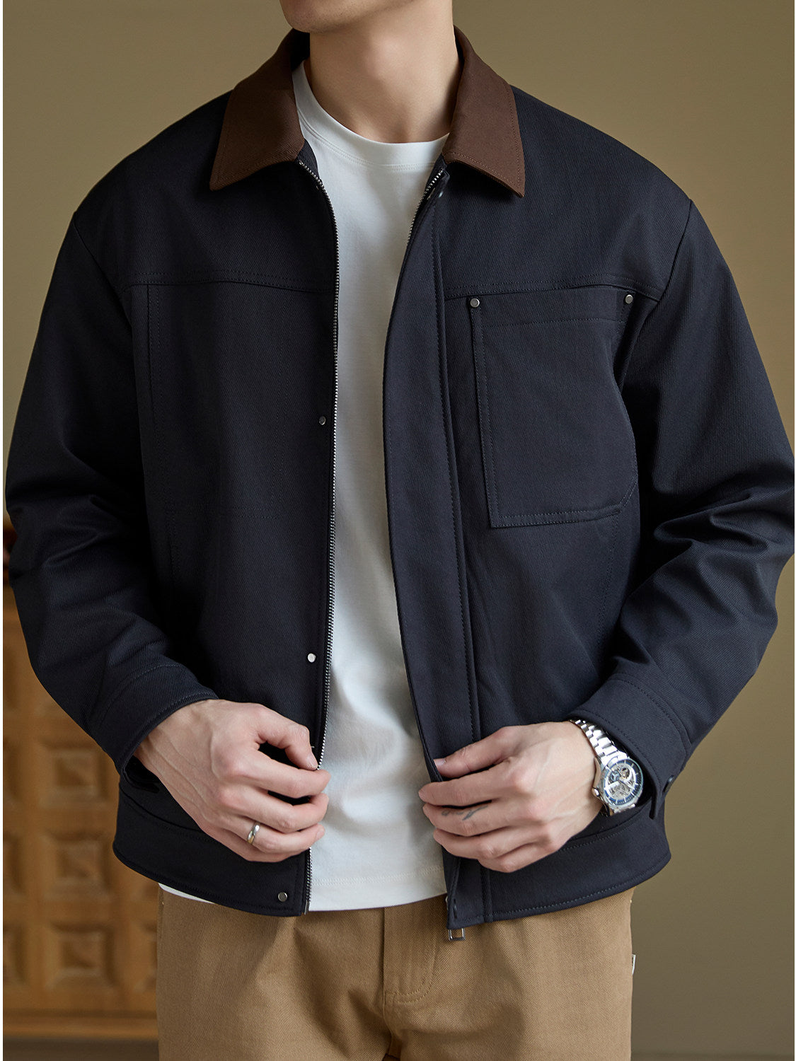 Men's Retro Color Block Workwear Jacket | Vintage Lapel Casual Cotton Coat