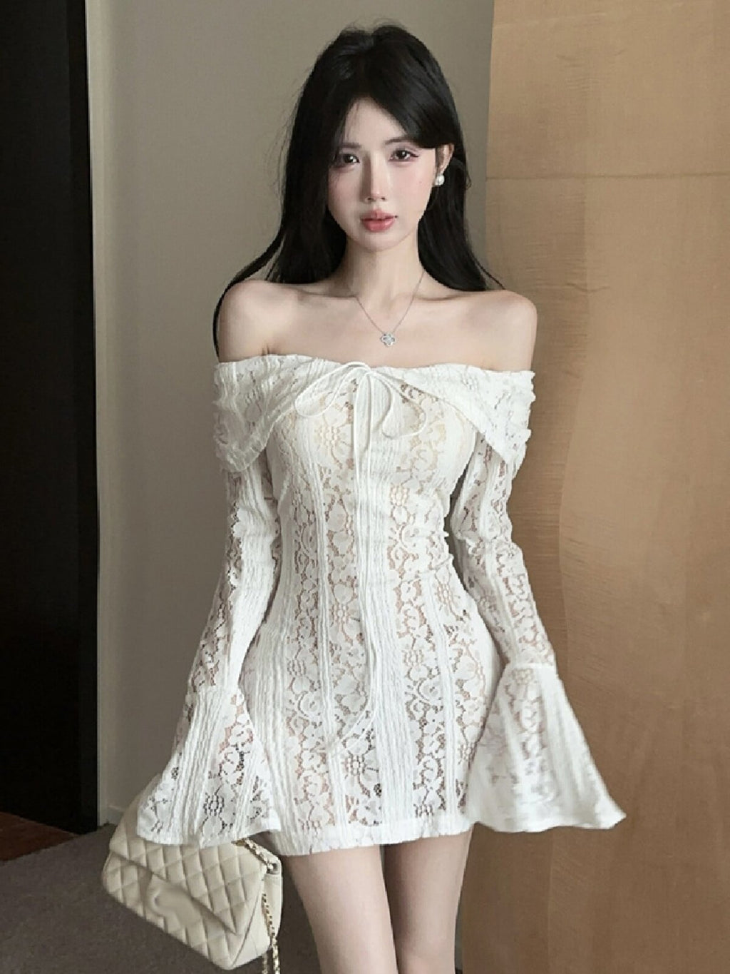 Women's Off-Shoulder Lace Mini Dress | Elegant French Style Flare Sleeve Party Dress