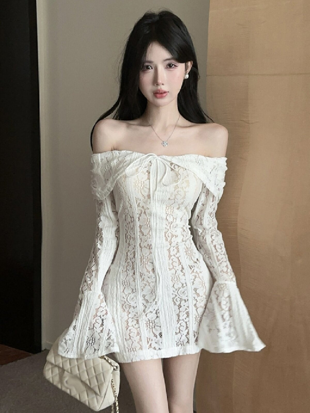 Women's Off-Shoulder Lace Mini Dress | Elegant French Style Flare Sleeve Party Dress