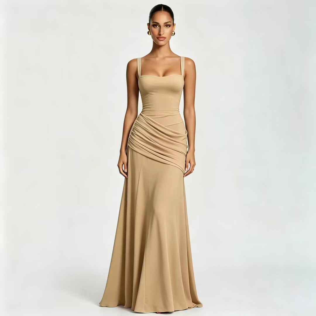 Women's Elegant Sleeveless Flared Maxi Dress | Square Neck High Waist A-Line Dress