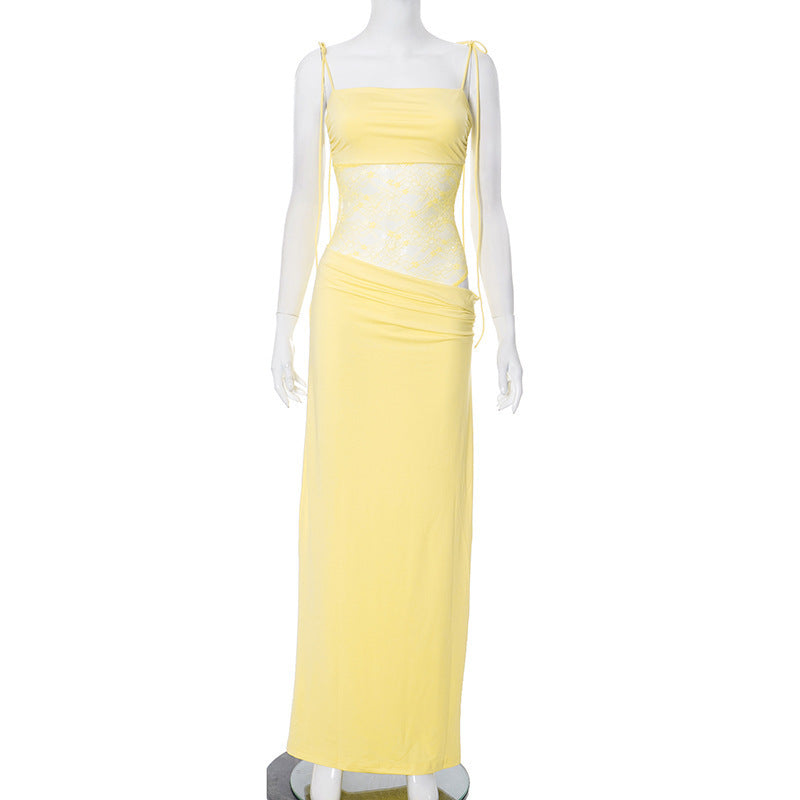 Women's Lace Trim Spaghetti Strap Maxi Dress | Slim Fit Sleeveless Bodycon Dress