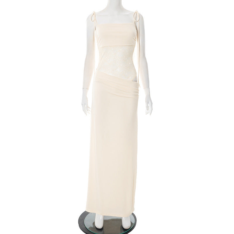 Women's Lace Trim Spaghetti Strap Maxi Dress | Slim Fit Sleeveless Bodycon Dress