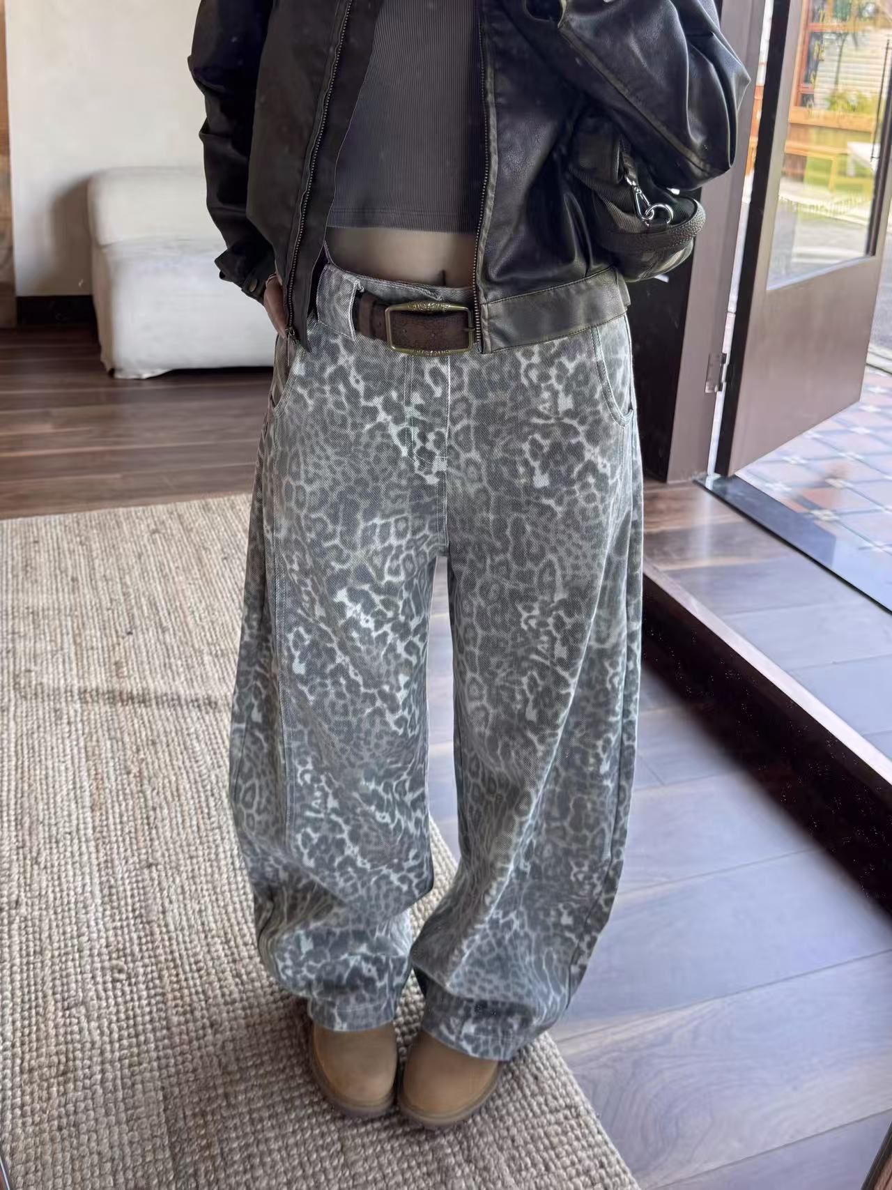 Vintage Leopard Print Wide Leg Jeans | High Waist Relaxed Fit Denim Pants