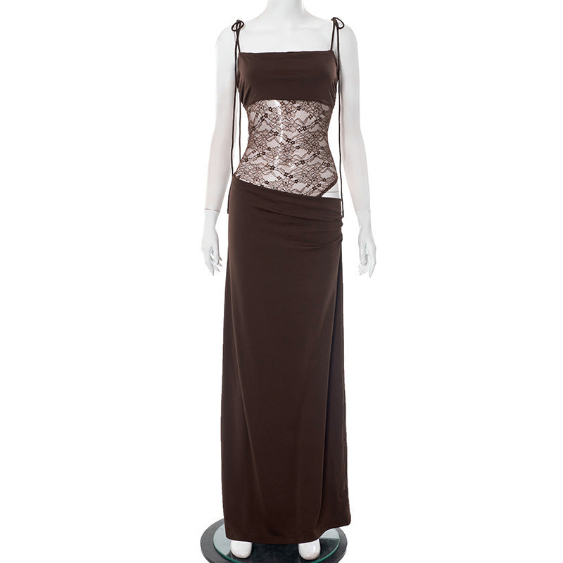 Women's Lace Trim Spaghetti Strap Maxi Dress | Slim Fit Sleeveless Bodycon Dress